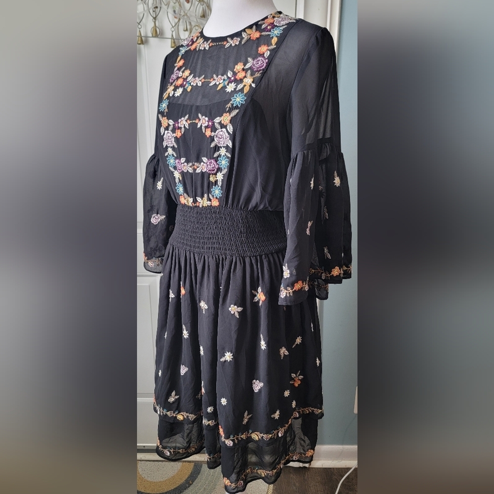 Anthropologie Maeve Anfisa Floral Embroidered Chiffon Mini Dress Womens 2 Black